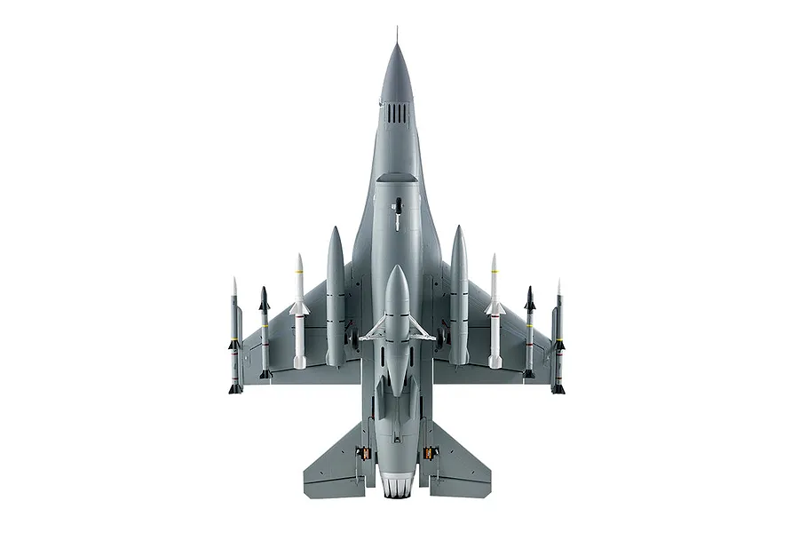 Underside view of the FMS F-16 Fighting Falcon RC jet model in battlefield grey, showing landing gear, drop tanks, and missiles on a white background.
