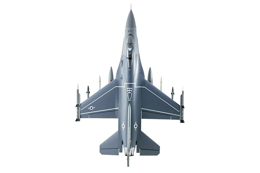 Top down studio view of the FMS F-16 Fighting Falcon RC EDF jet in battlefield grey with mounted missiles against a white background.