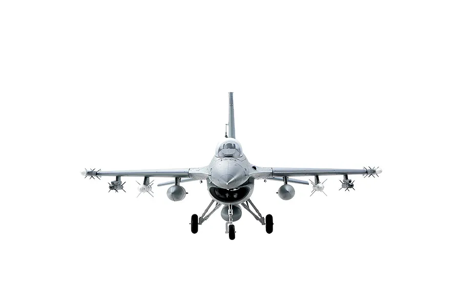 Front view of the FMS F-16 Fighting Falcon RC jet in battlefield grey with landing gear and mounted ordnance against a plain white background.