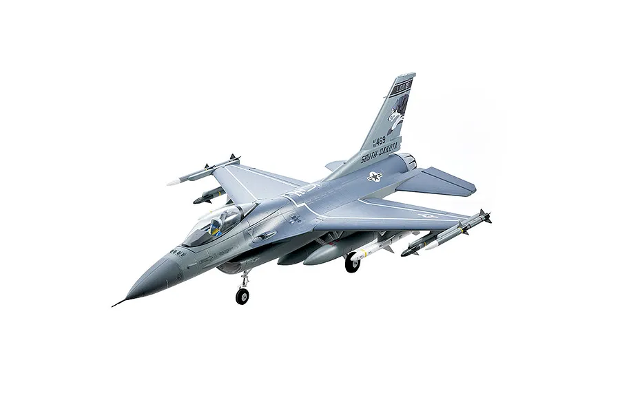 Studio product shot of the FMS F-16 Fighting Falcon RC jet in battlefield grey with scale decals and landing gear deployed against a white background.