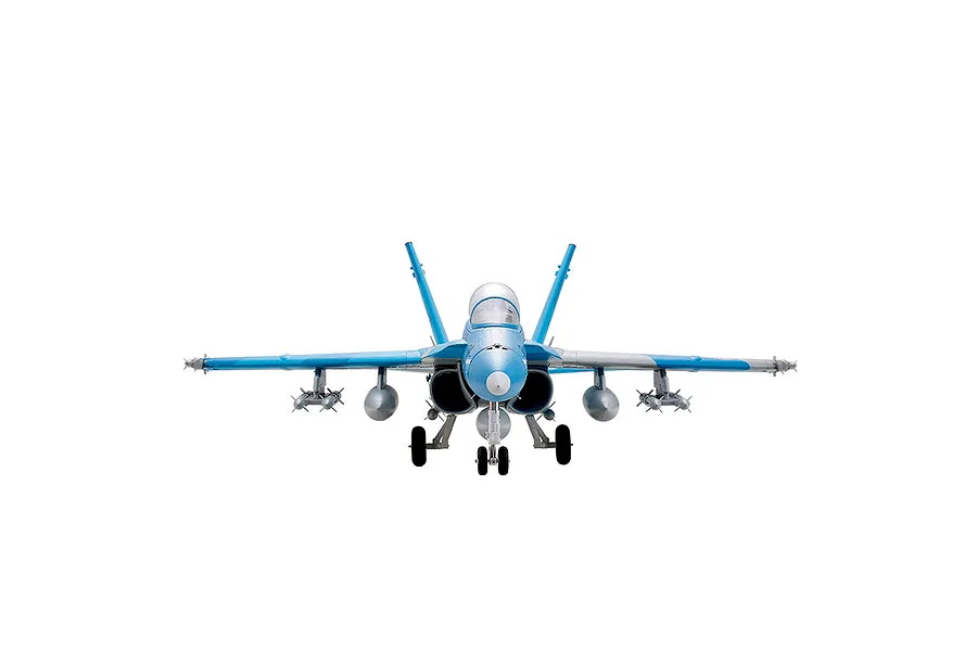 Front view of the FMS F/A-18 Hornet RC jet airplane featuring blue and grey camouflage, landing gear deployed, and wing-mounted ordnance.