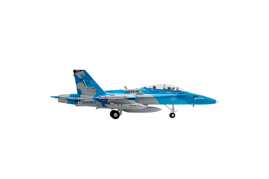 FMS F/A-18 Hornet RC jet plane in blue and grey camouflage livery viewed from the side on a white background.