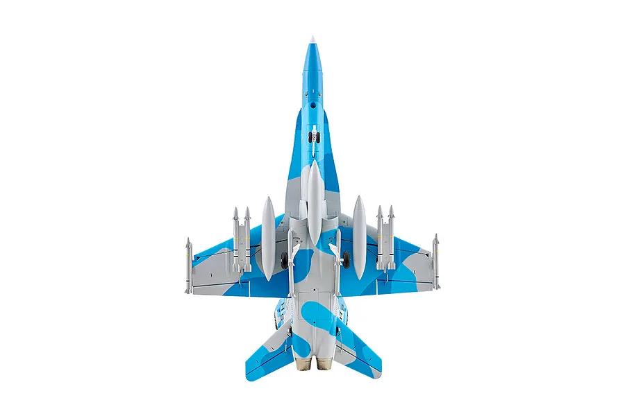 Top down view of the FMS F/A-18 Hornet RC jet in blue and grey camouflage livery featuring mounted ordnance and landing gear.