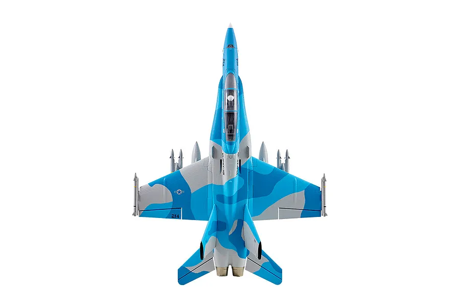 Top-down studio view of the FMS F/A-18 Hornet RC jet featuring a blue and grey camouflage livery and mounted missiles.