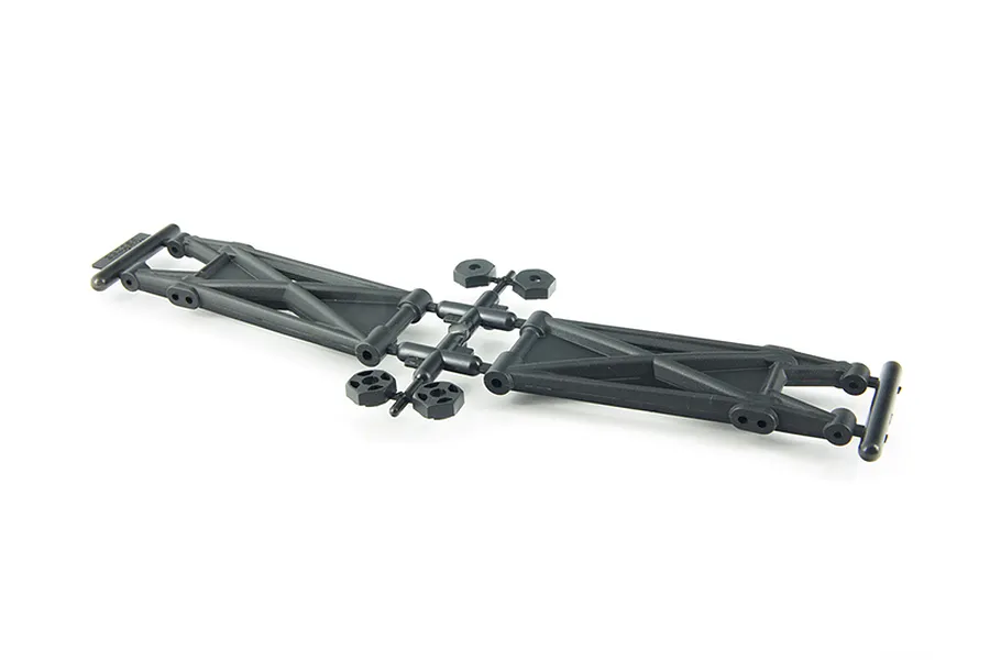 ARRMA rear suspension arms and wheel hexes still attached to their plastic parts tree on a white background.