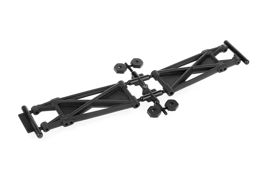 ARRMA black plastic rear suspension arms and wheel hexes on a sprue tree against a white background.