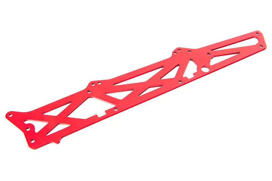 A red anodized aluminium TVP chassis side plate for an ARRMA RC vehicle, featuring a skeletonized design with multiple mounting holes.