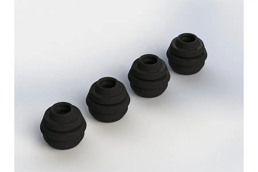 Four black rubber drive shaft boots arranged in a diagonal line on a white background.