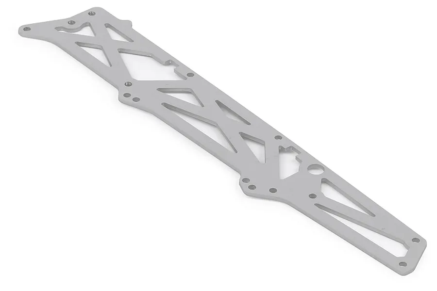 A silver aluminium TVP chassis side plate for an ARRMA RC vehicle, featuring a lightweight skeletonized design with multiple mounting holes.