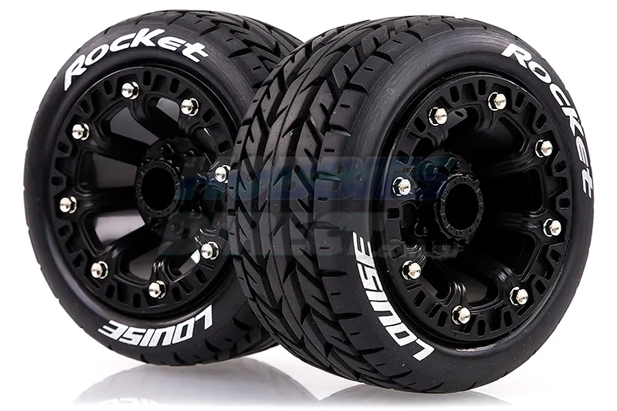 Louise 2.2&amp;quot; ST-Rocket Tyres on Black Spoke Rims - Glued Truck Wheels w/ Foam 2Pcs image 17796