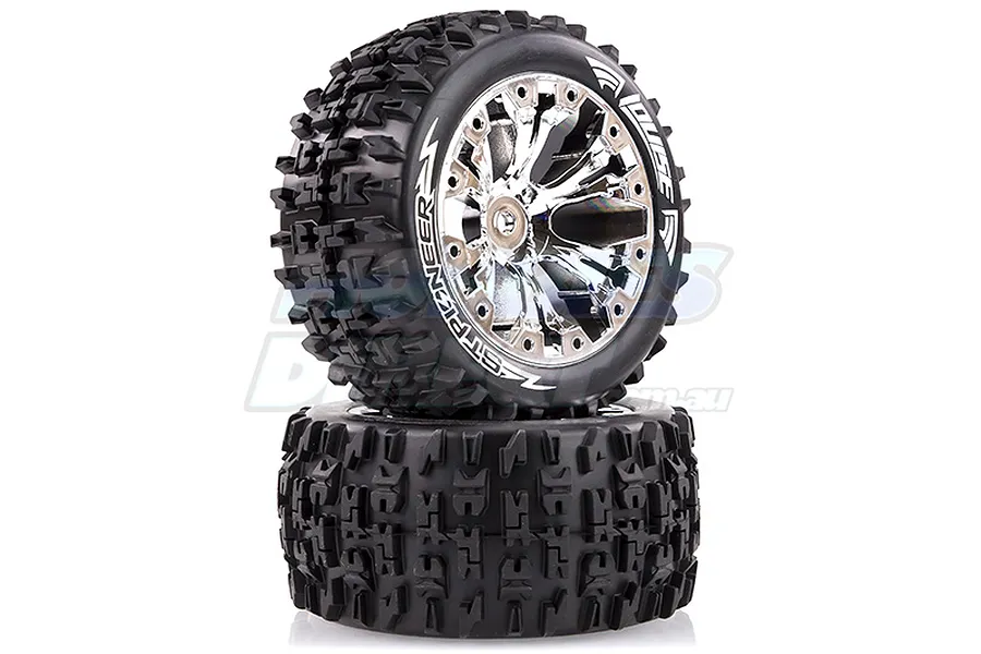 Two Louise 2.8 inch ST-Pioneer RC truck wheels with aggressive tread patterns and chrome spoke rims stacked on a white background.