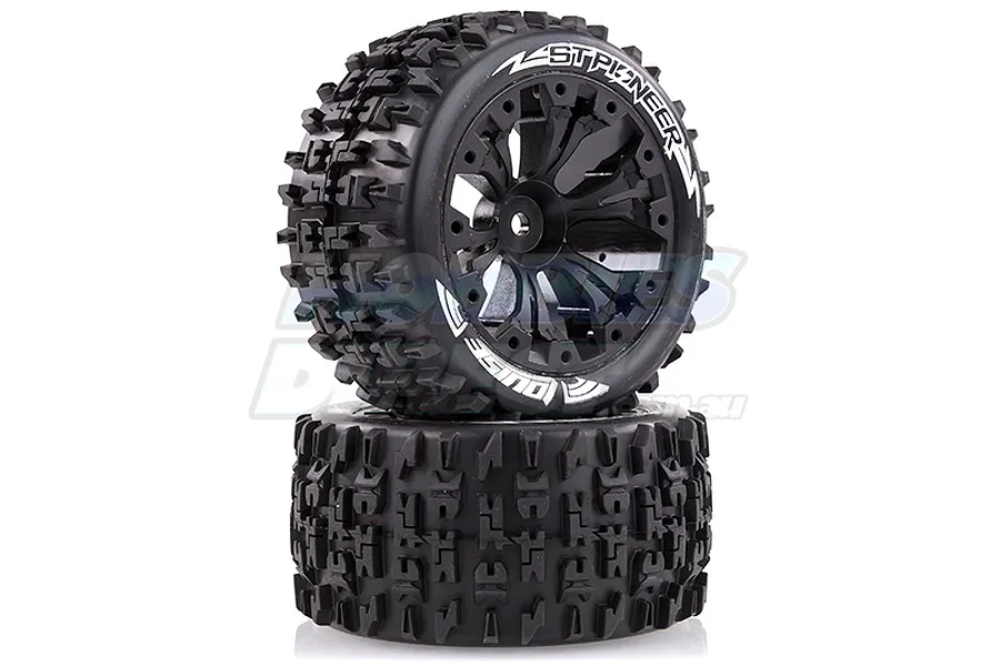 Two Louise 2.8 inch ST-Pioneer RC truck wheels with black spoke rims and aggressive tread patterns, stacked on a white background.
