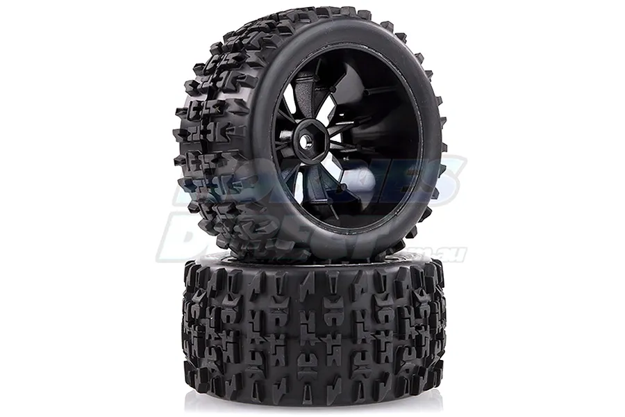 Two Louise 2.8 inch ST-Pioneer RC truck wheels with black spoke rims and aggressive tread patterns stacked on a white background.