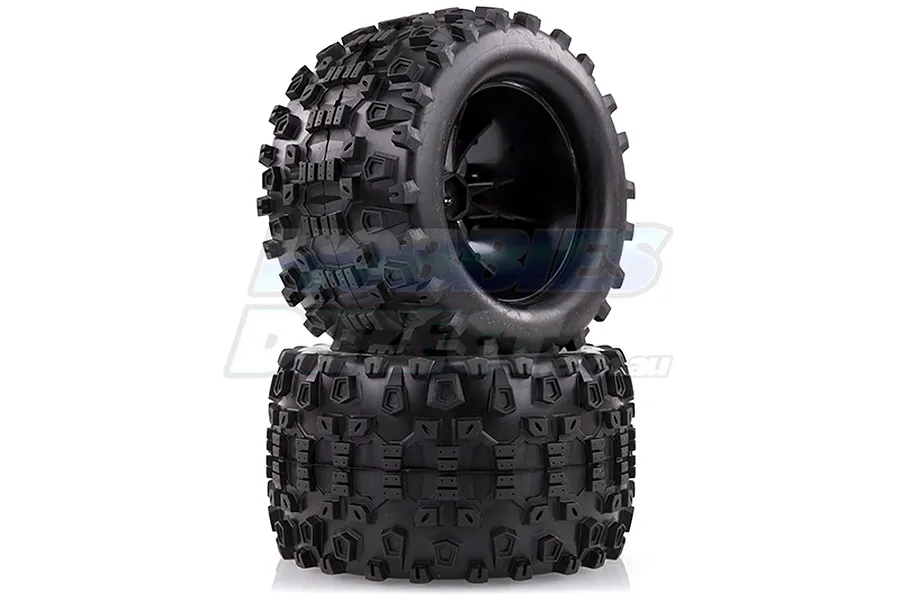 Two black Louise MT-Uphill RC truck wheels with aggressive tread patterns stacked on a white background.