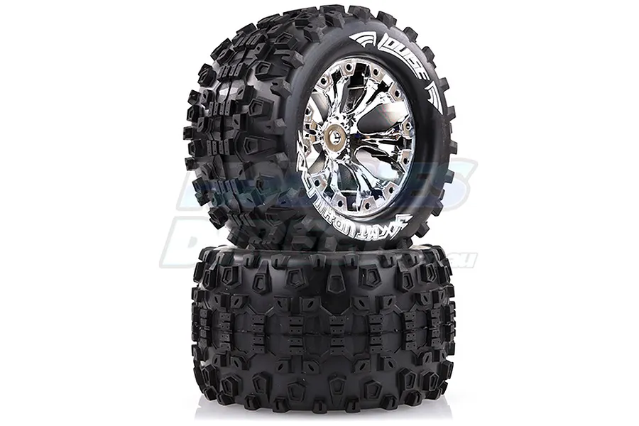 Two Louise 2.8 inch MT-Uphill RC truck tyres mounted on chrome spoke rims, stacked vertically against a white background.