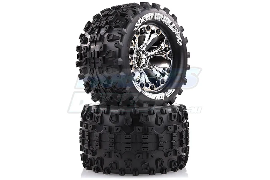 Two Louise 2.8 inch MT-Uphill RC monster truck tyres mounted on chrome spoke rims, stacked vertically against a white background.