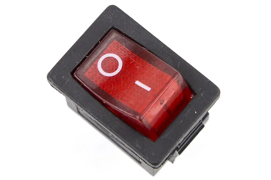 A rectangular black rocker switch with a translucent red button featuring white power symbols on a white background.
