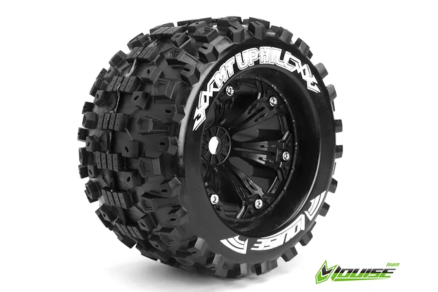 A single Louise 3.8 inch MT-Uphill RC monster truck wheel with a black multi-spoke rim and aggressive tread pattern, isolated on a white background.