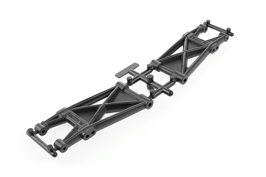 A pair of black plastic RC rear suspension arms still attached to their injection molding sprue tree.
