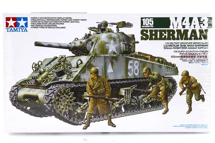 Tamiya 1/35 U.S. M4A3 Sherman with 105mm Howitzer Medium Tank Scaled Plastic Model Kit image 18450