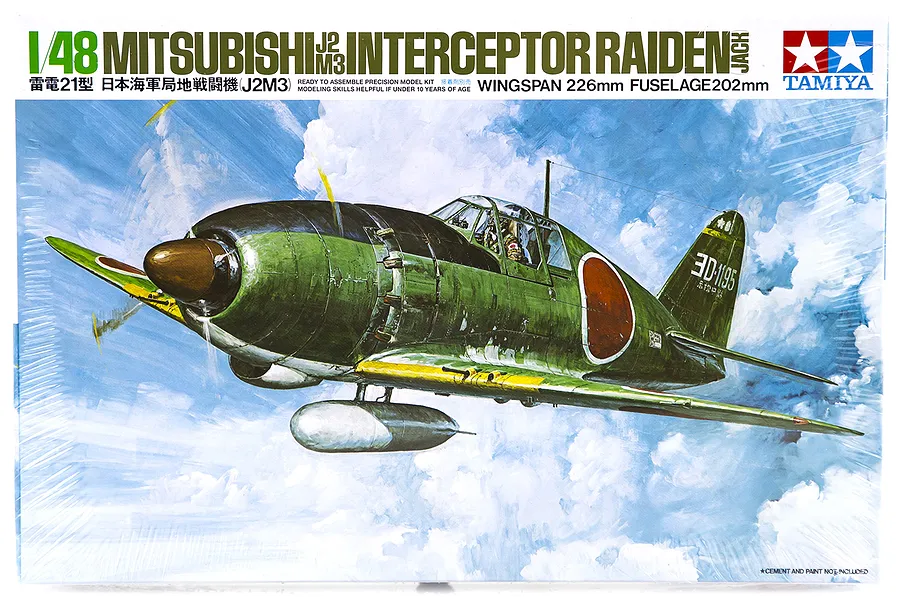 Tamiya 1/48 scale Mitsubishi J2M3 Interceptor Raiden (Jack) plastic model kit box art showing a green fighter plane in flight.