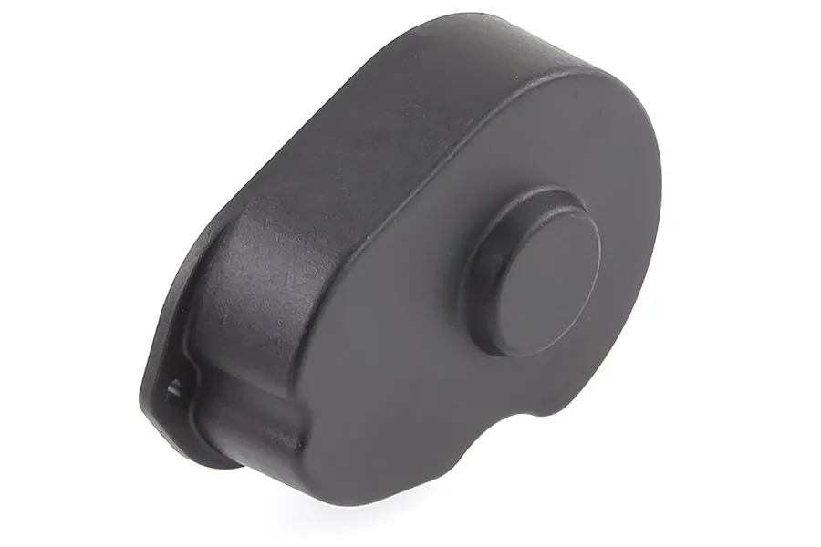 A black plastic gear cover for an HSP RC car, viewed from an angle against a white background.