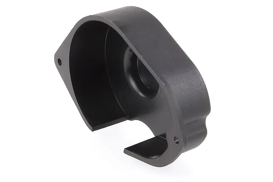 A black plastic gear cover for an RC car, shown from a side angle against a white background.