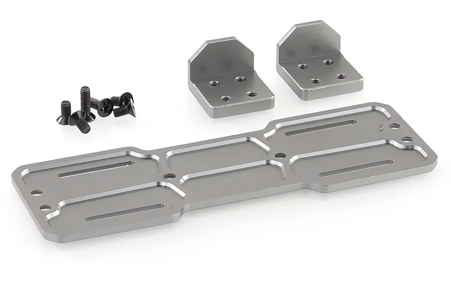 HSP RC4 gunmetal aluminium battery mount set including a base plate, two L-shaped brackets, and four small screws on a white background.