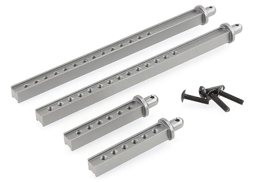 A set of four gunmetal grey aluminium RC body posts of varying lengths and four black metal screws on a white background.