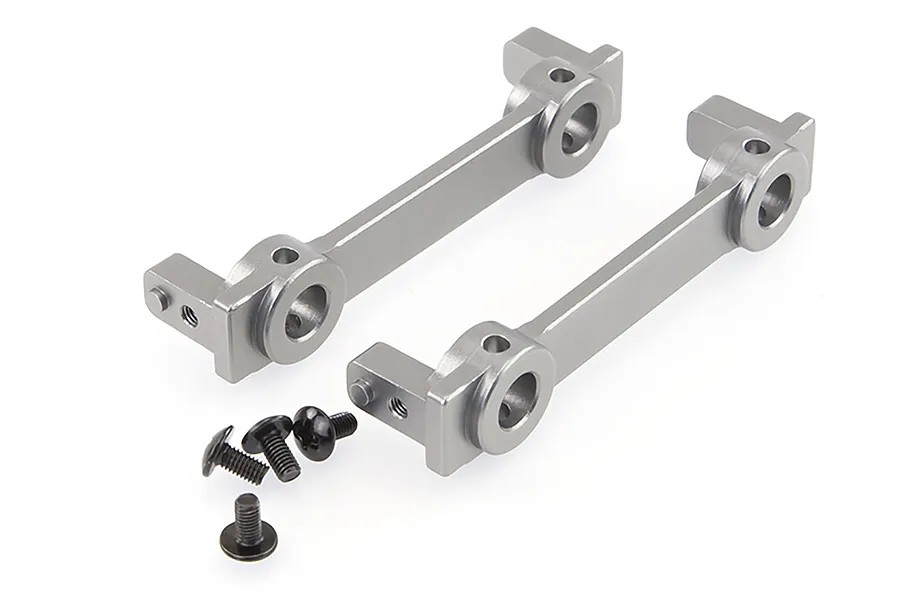 Two gunmetal grey aluminium RC bumper mounts with four small black screws on a white background.