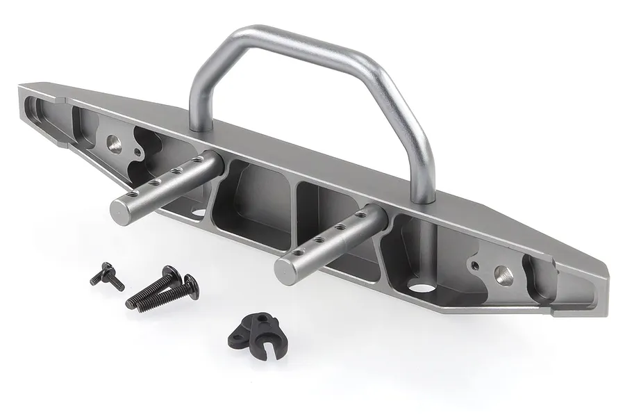A gunmetal grey aluminium front bumper for an RC car, featuring a bull bar and mounting posts, accompanied by small black screws and plastic clips.