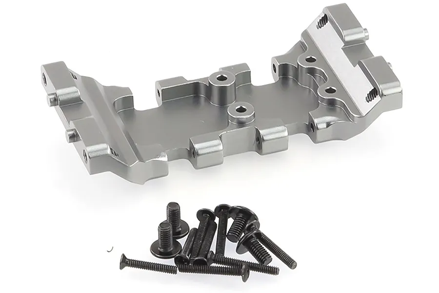 Gunmetal grey aluminium RC chassis component with a set of black metal screws on a white background.