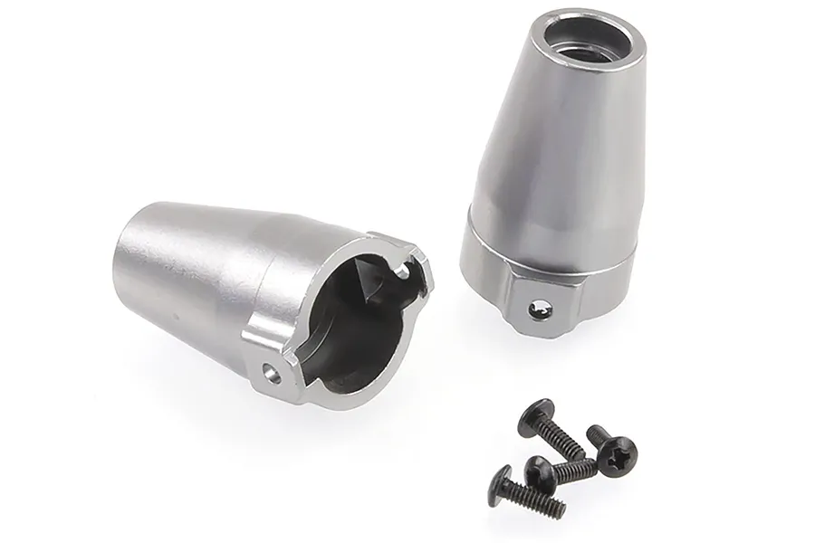 Two gunmetal grey aluminium rear axle covers for an RC car, shown with four small black screws on a white background.