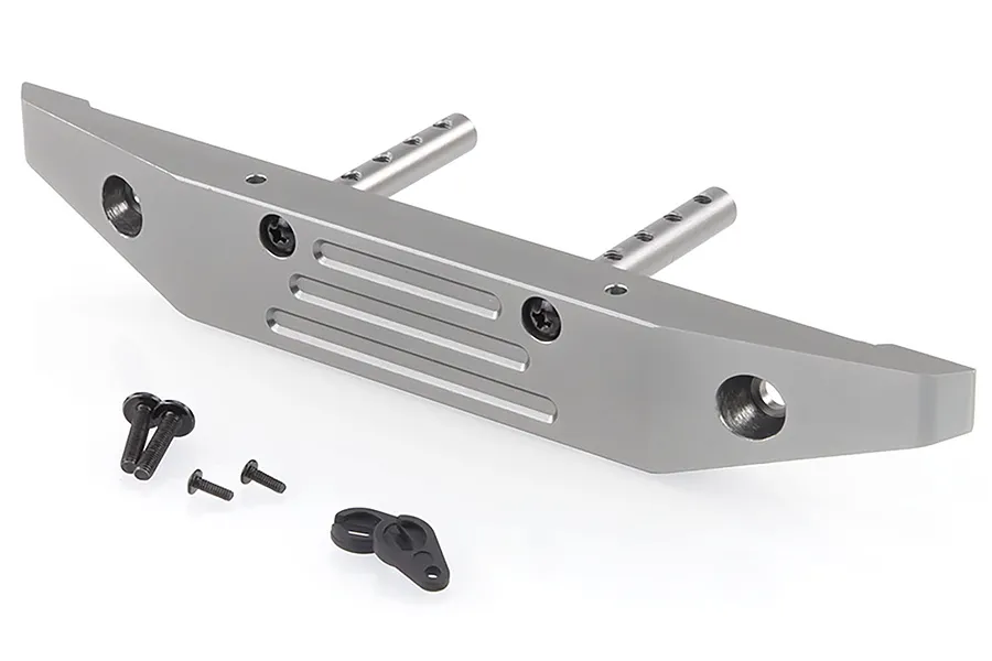 A gunmetal grey aluminium rear bumper for an RC car, featuring mounting posts, small black screws, and plastic clips on a white background.