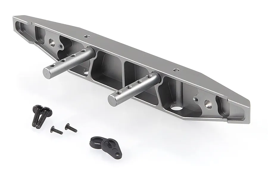 HSP RC4 gunmetal aluminium rear bumper with two mounting posts, four small black screws, and a small black plastic component on a white background.
