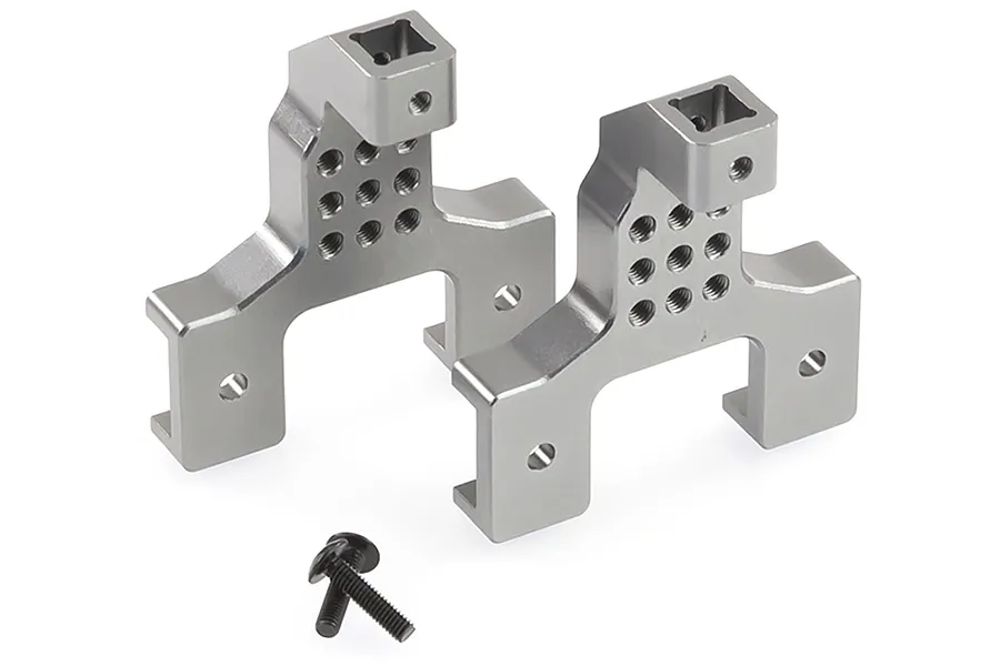 Two gunmetal aluminium RC shock tower mounts with mounting screws on a white background.