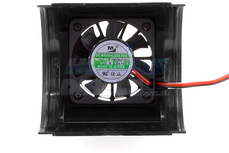Castle Creations 15 Series blower motor cooling fan with black plastic housing and red and black wires.