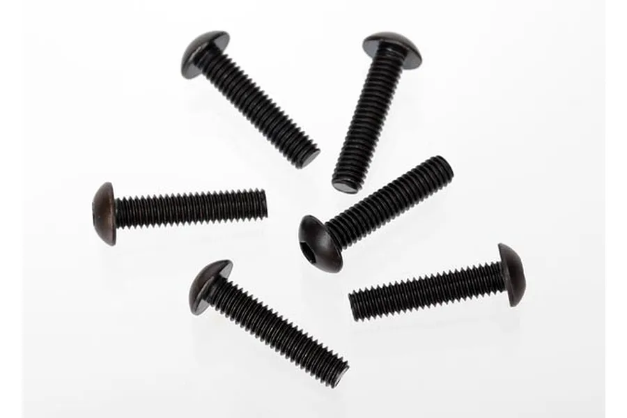Six black metal button head screws arranged in a circular pattern against a white background.