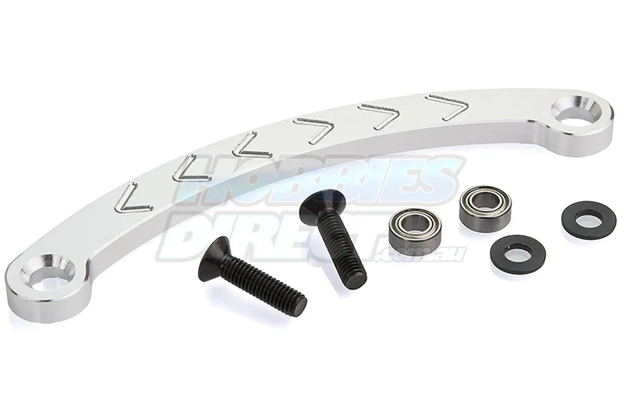 A silver aluminium steering Ackerman plate for Rovan 5IVE-T, including two black screws, two ball bearings, and two black washers.