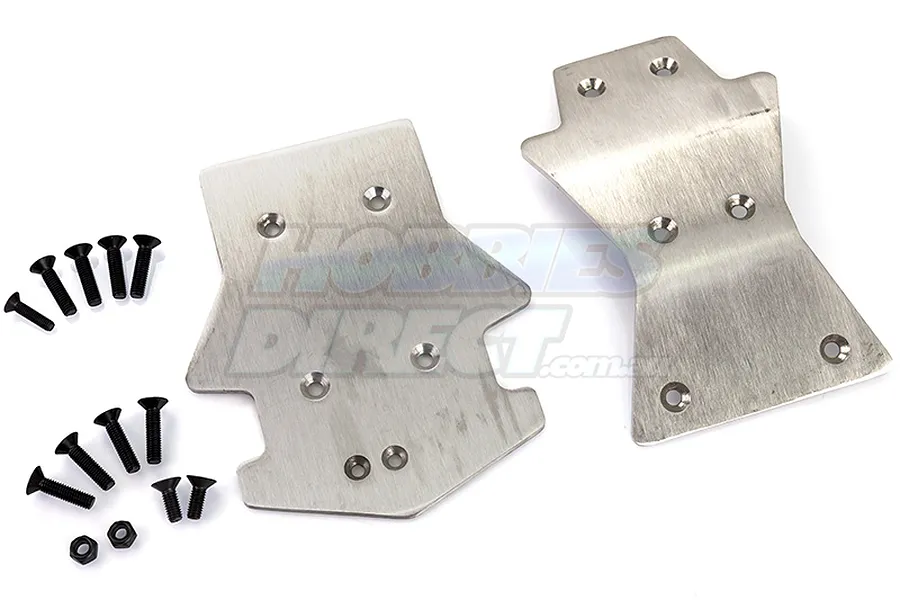 Rovan stainless steel front and rear chassis skid plates for 5IVE-T RC car with included mounting screws and nuts on a white background.