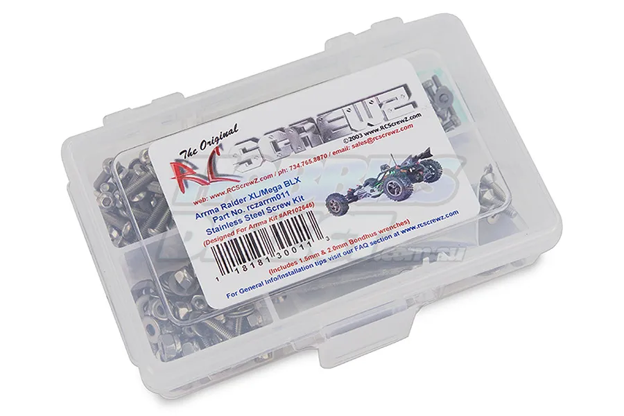 A clear plastic storage box filled with various stainless steel screws for an Arrma Raider XL/Mega BLX RC car, featuring an RC Screwz label on top.