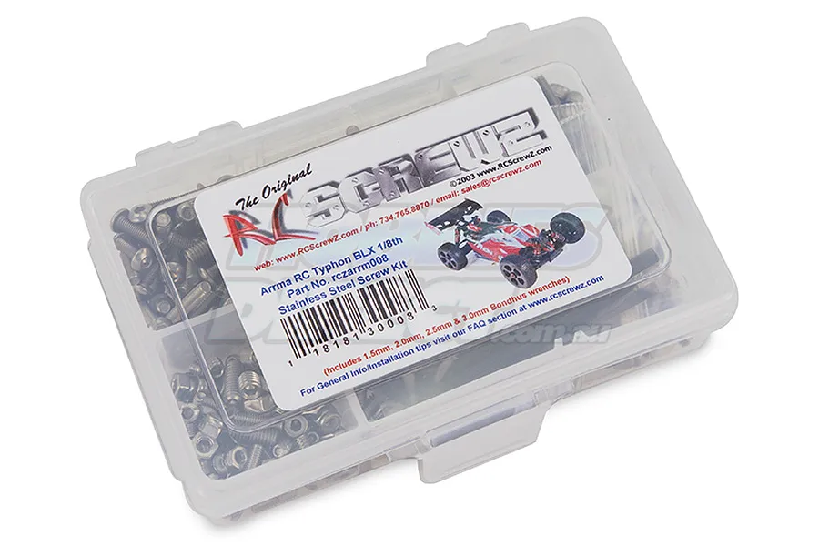 RC Screwz stainless steel screw kit for Arrma Typhon BLX in a clear plastic compartment box.