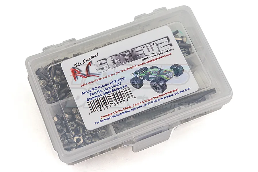 RC Screwz stainless steel screw kit for Arrma Kraton BLX 1/8th scale RC car in a clear plastic storage box.