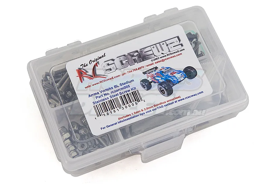 A clear plastic storage box filled with various stainless steel screws and hardware for an Arrma Vorteks RC car, featuring an RC Screwz label.