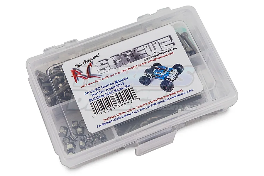 RC Screwz stainless steel screw kit for Arrma Nero in a clear plastic storage box with a label showing the product name and a monster truck image.