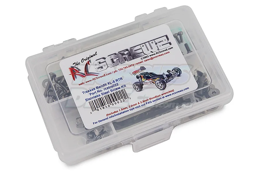 RC Screwz stainless steel screw kit for Traxxas Bandit XL-5 in a clear plastic storage box.