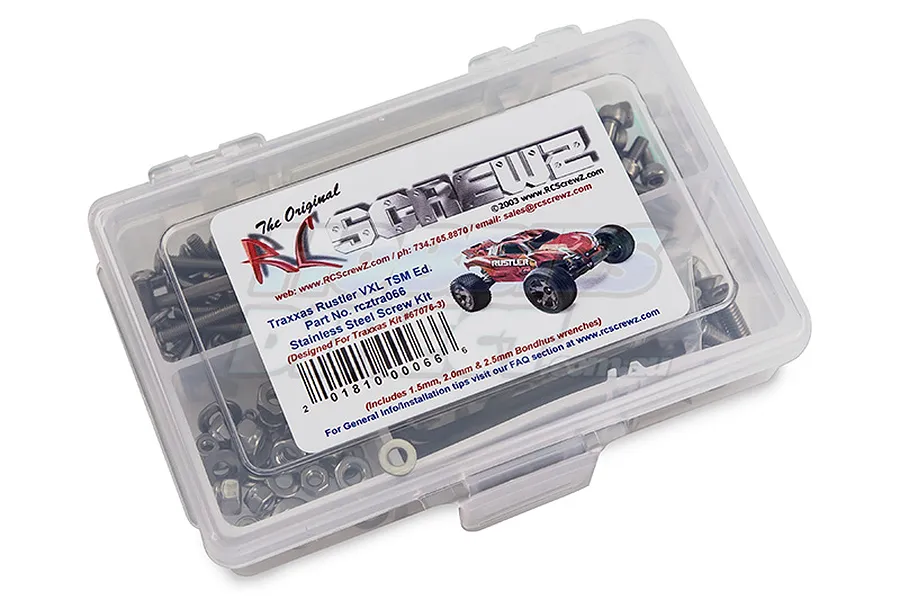 RC Screwz stainless steel screw kit for Traxxas Rustler VXL with TSM, packaged in a clear plastic compartment box.