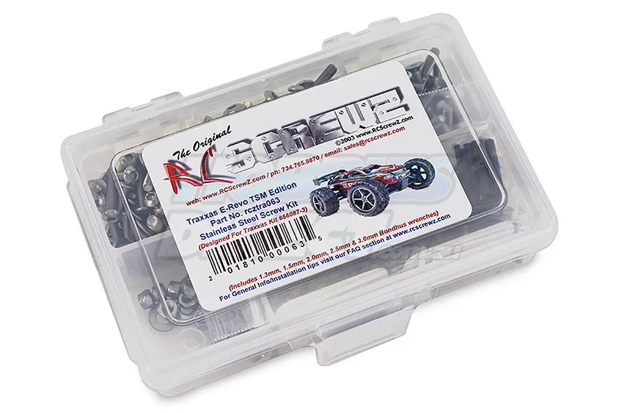 RC Screwz stainless steel screw kit for Traxxas E-Revo TSM in a clear plastic storage box.