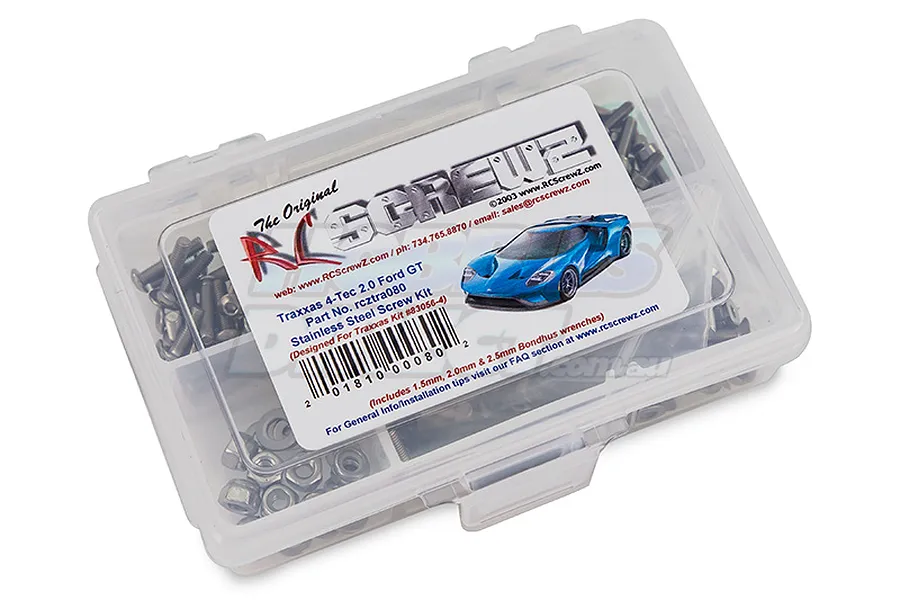 RC Screwz stainless steel screw kit for Traxxas 4-Tec 2.0 Ford GT in a clear plastic storage box with a product label.