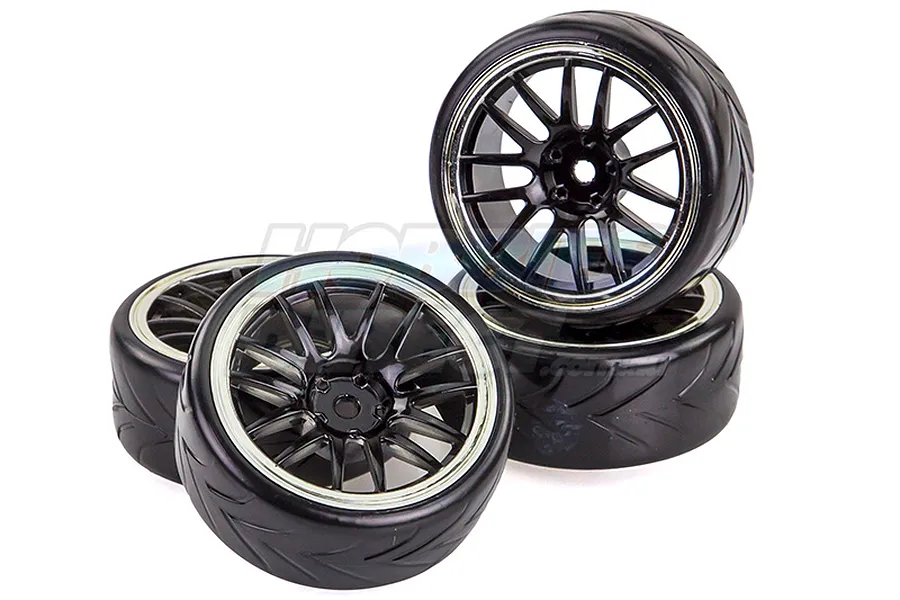 Vision RC 1.9&amp;quot; V-Pattern Drift Tyres on Spoke Black Rims - Glued Wheels 4Pcs image 20593